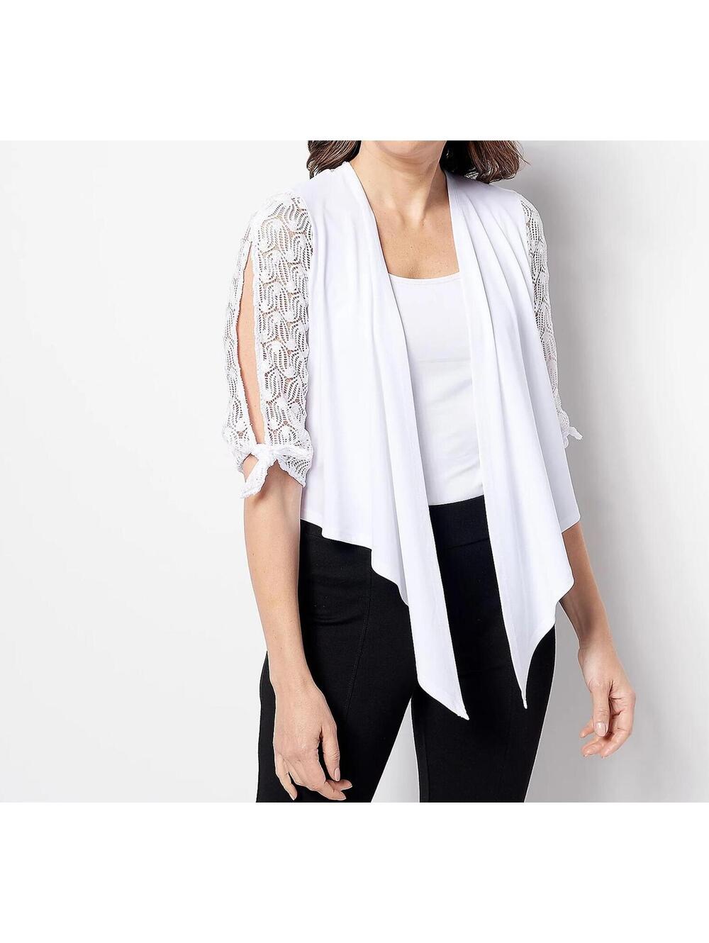 3210 Susan Graver Liquid Knit Ruched Sleeve Shrug Button Detail WHITE sz XS